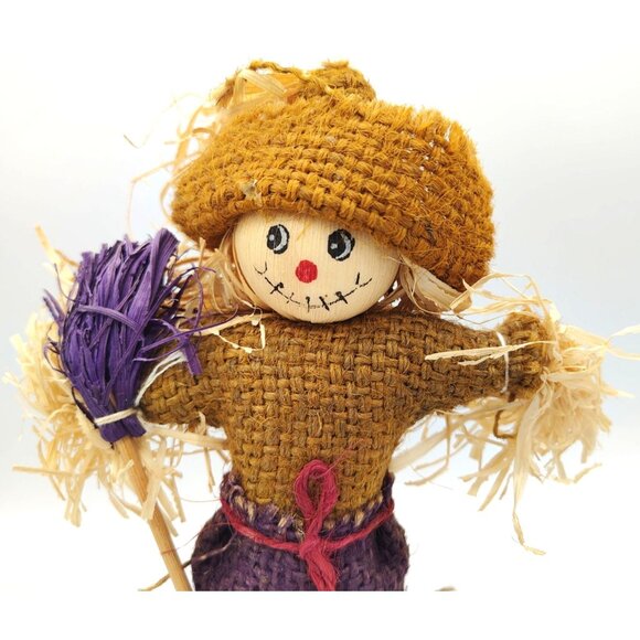 Scarecrow Figure Handmade Fall 7.5 In Wood Base Halloween Pumpkin Harvest Decor - Picture 3 of 15